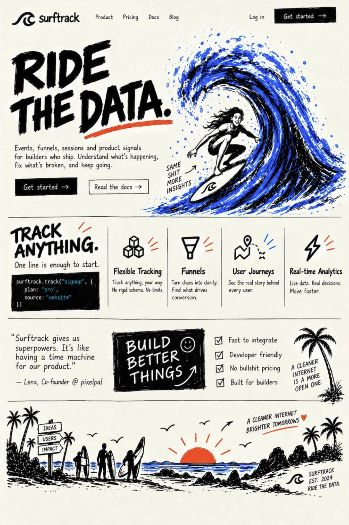 Surftrack — Ride the data. An illustrated surfer rides a blue wave above product analytics features and a sunset beach scene.